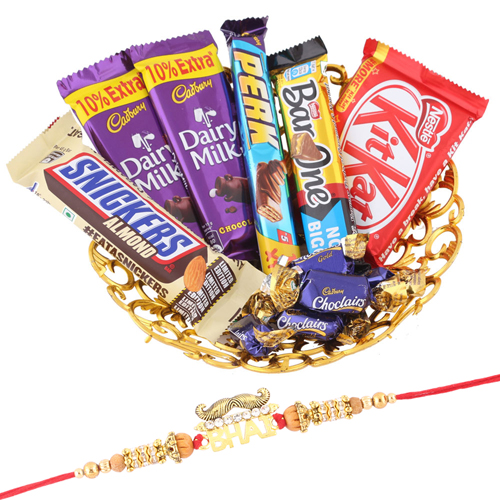 Bhai With Mustache Rakhi Golden Tray Choco Combo