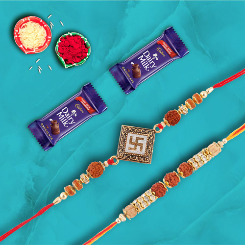 Set of 2 Divine Rakhis With Dairymilk Choco Combo