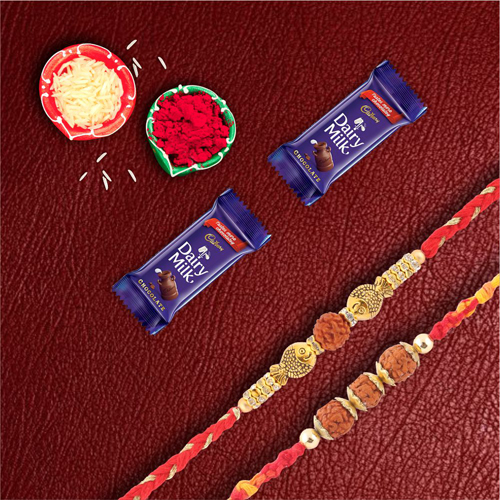 Set of 2 Divine Rudraksh Rakhis With Dairymilk Chocolate