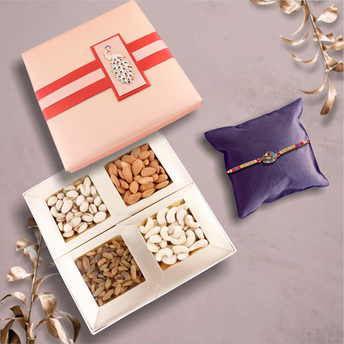 Colorful Peacock Rakhi With Peacock Dry Fruit Box