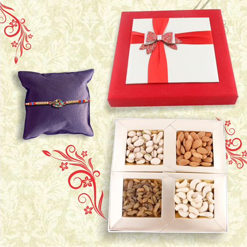 Colorful Peacock Rakhi With Precious Dry Fruit Hamper