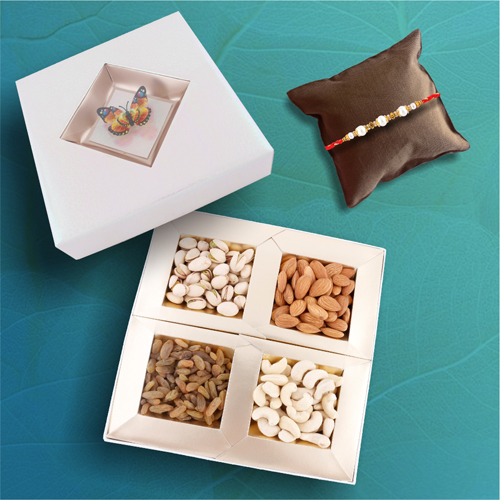 Crystal Pearl Rakhi With Butterfly Dry Fruit Box