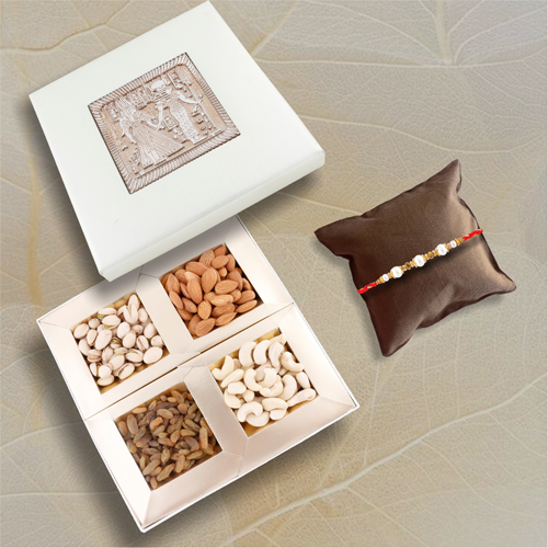 Crystal Pearl Rakhi With Floral Dry Fruit Hamper